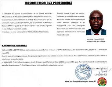 Monsieur Thomas ZONGO, nouveau DG de la SONAR-IARD